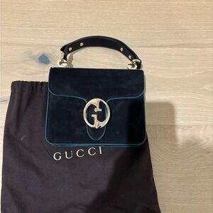 Gucci Nubuck 1973 Flap handbag. Black Suede Gold Hardware + Mirror.